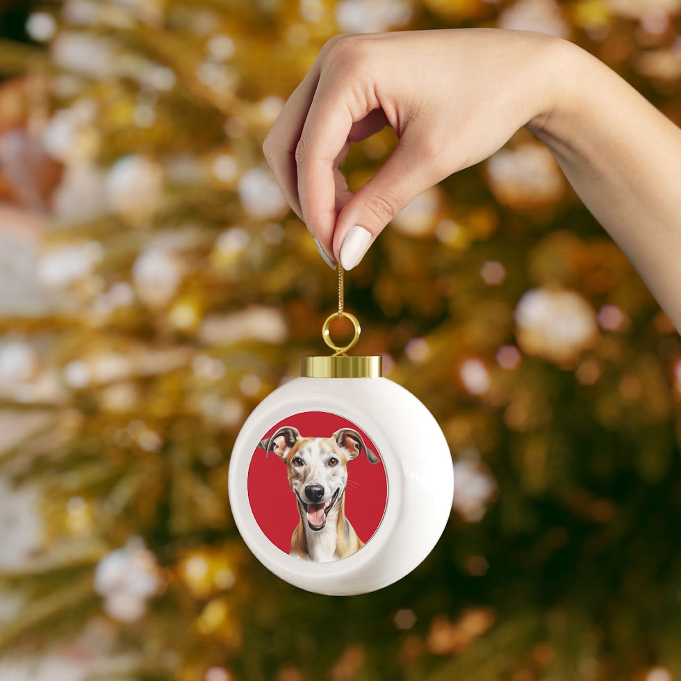 white and red christmas ball ornament with portrait of a whippet dog breed
