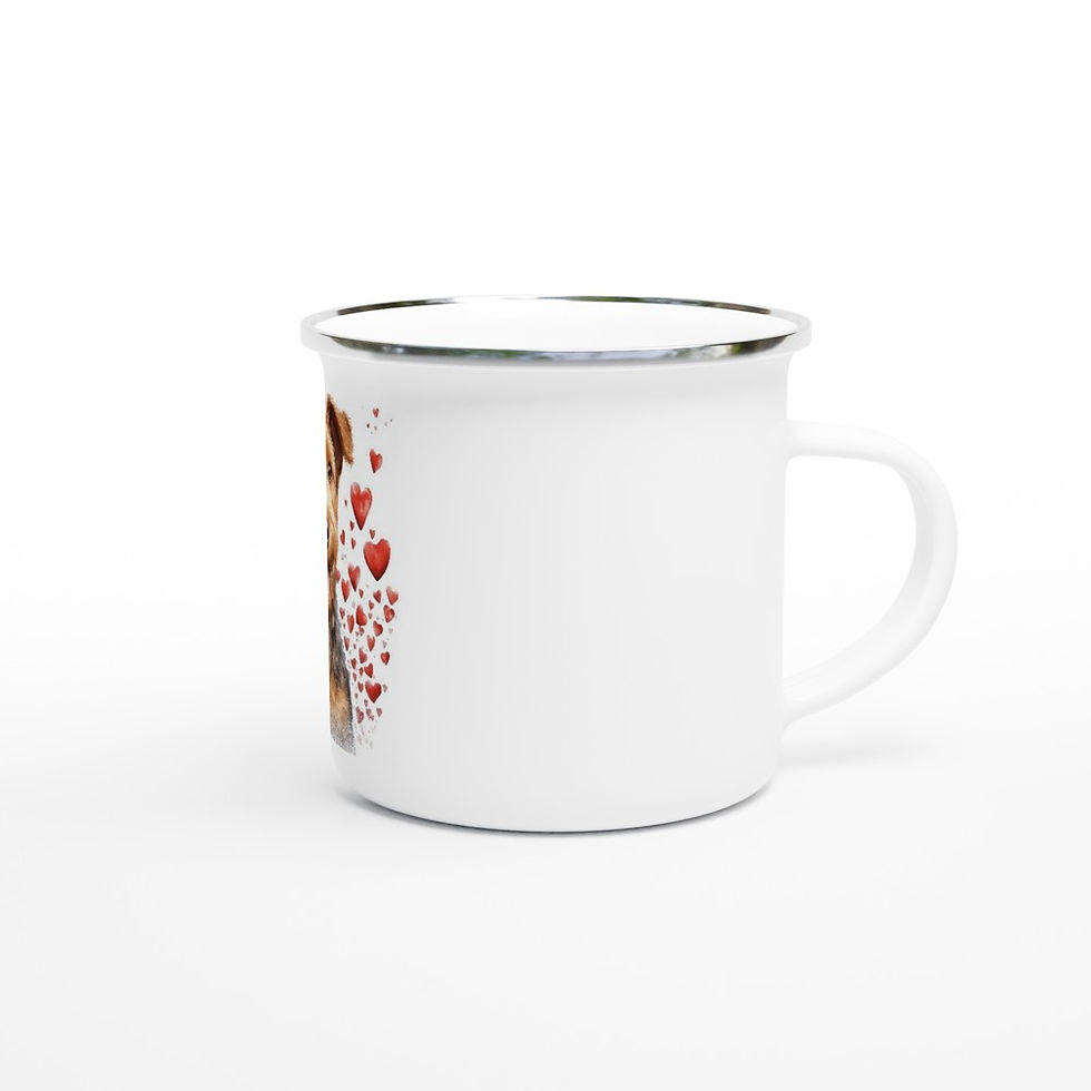white ceramic enamel coffee cup with portrait of an airedale terrier dog breed surrounded by hearts