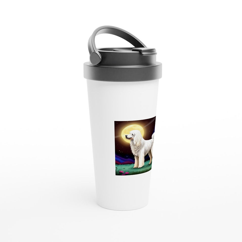 white stainless steel travel mug with Komondor dog breed