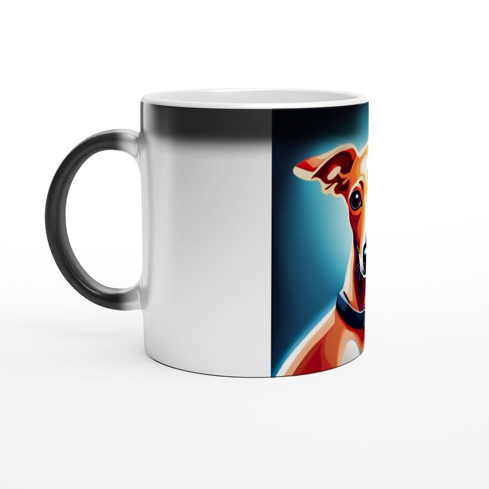 glossy black mug that reveals a portrait of an Italian Greyhound when hot fluids are added