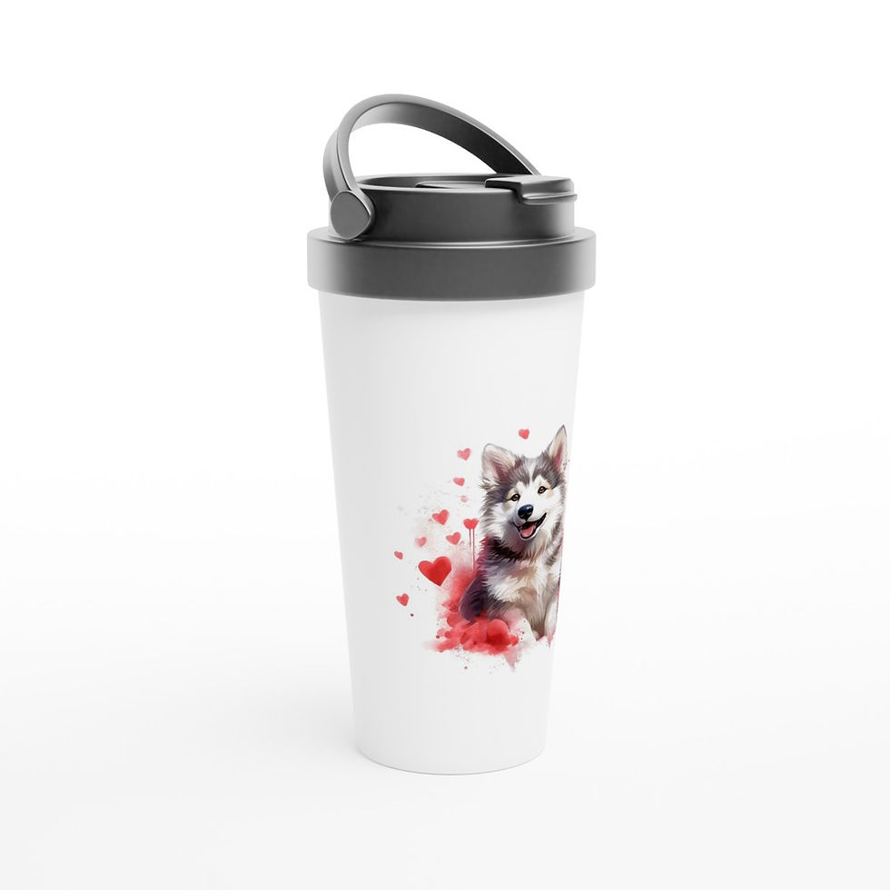 white stainless steel insulated travel mug with portrait of an Alaskan Malamute with Hearts