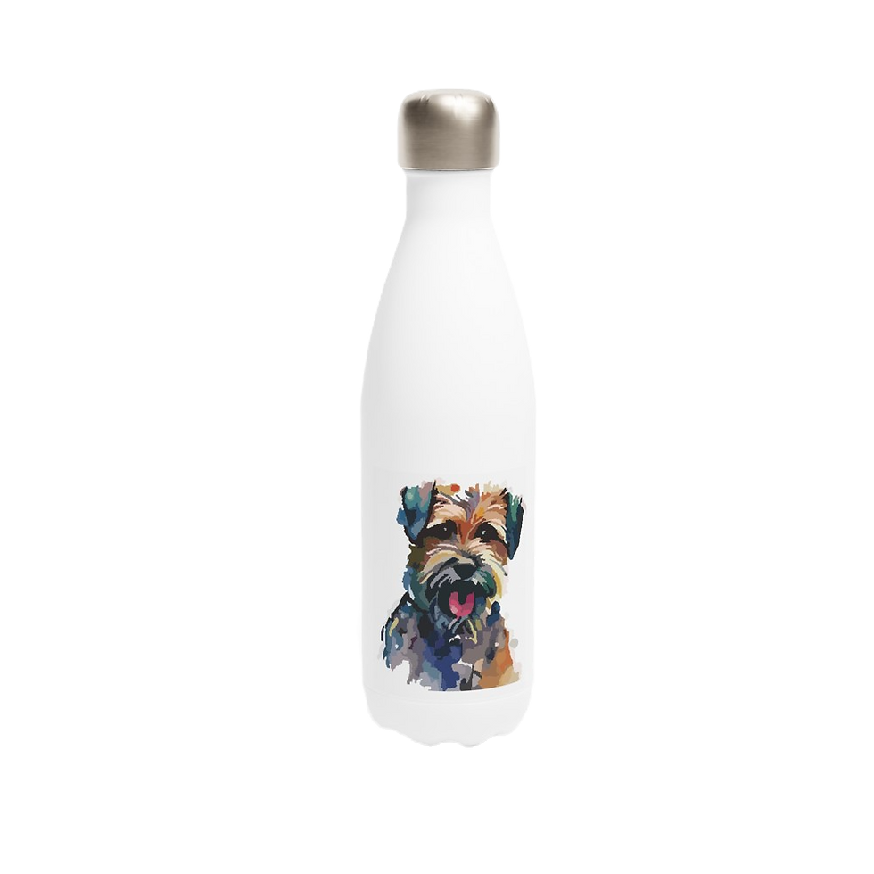 white stainless steel water bottle with portrait of a Border terrier dog