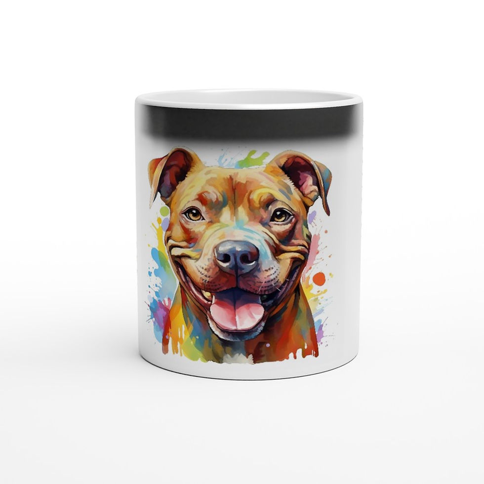 glossy black ceramic mug that reveals a colorful portrait of an american staffordshire terrier in a modern art style