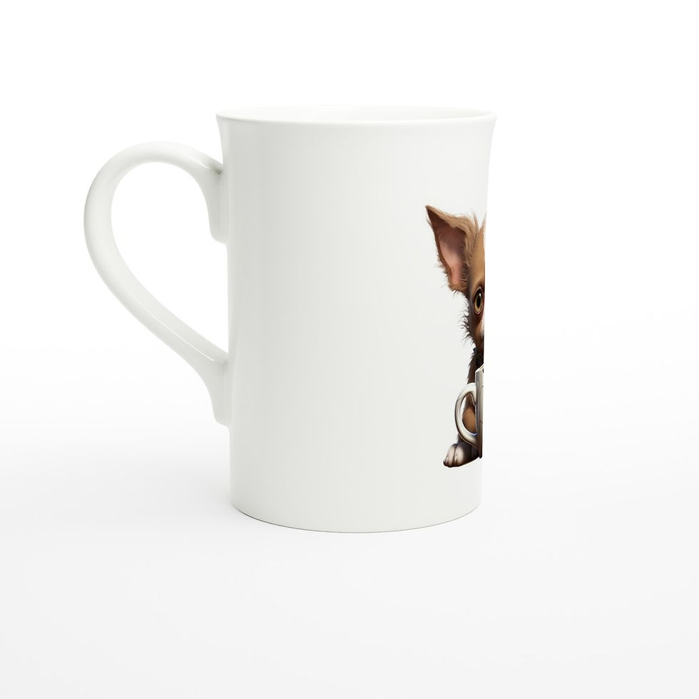 white ceramic slim style mug with a grumpy chihuahua with morning coffee