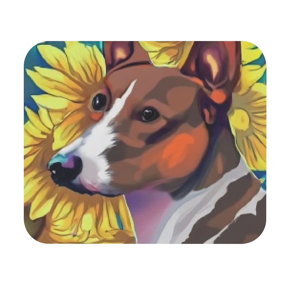 Basenji Dog portrait with sunflowers on a computer mouse pad