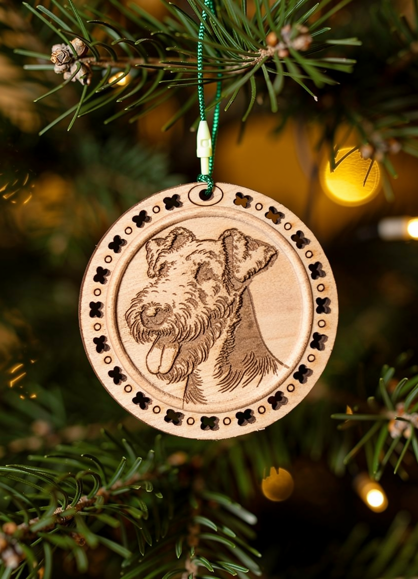 round wood ornament with a portrait of an Airedale Terrier framed by dog bones