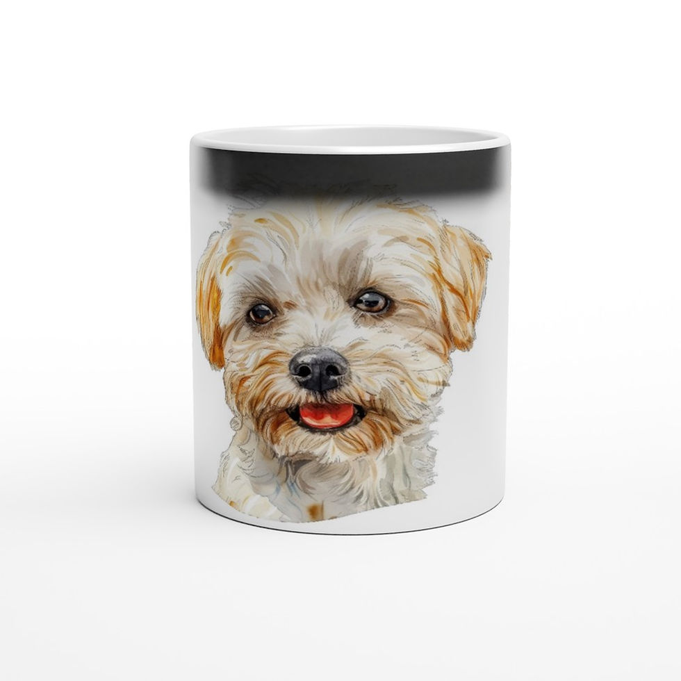 glossy black magic mug that reveals a portrait of a clumber spaniel when hot fluids are added to the mug