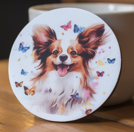 Papillon Dog Portrait with Butterflies Neoprene Drink Coaster (4 x 4 inches)