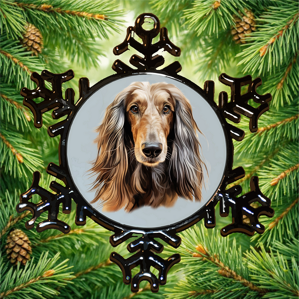 Pewter Snowflake Ornament wit Portrait of a Brown and Black Afghan Hound
