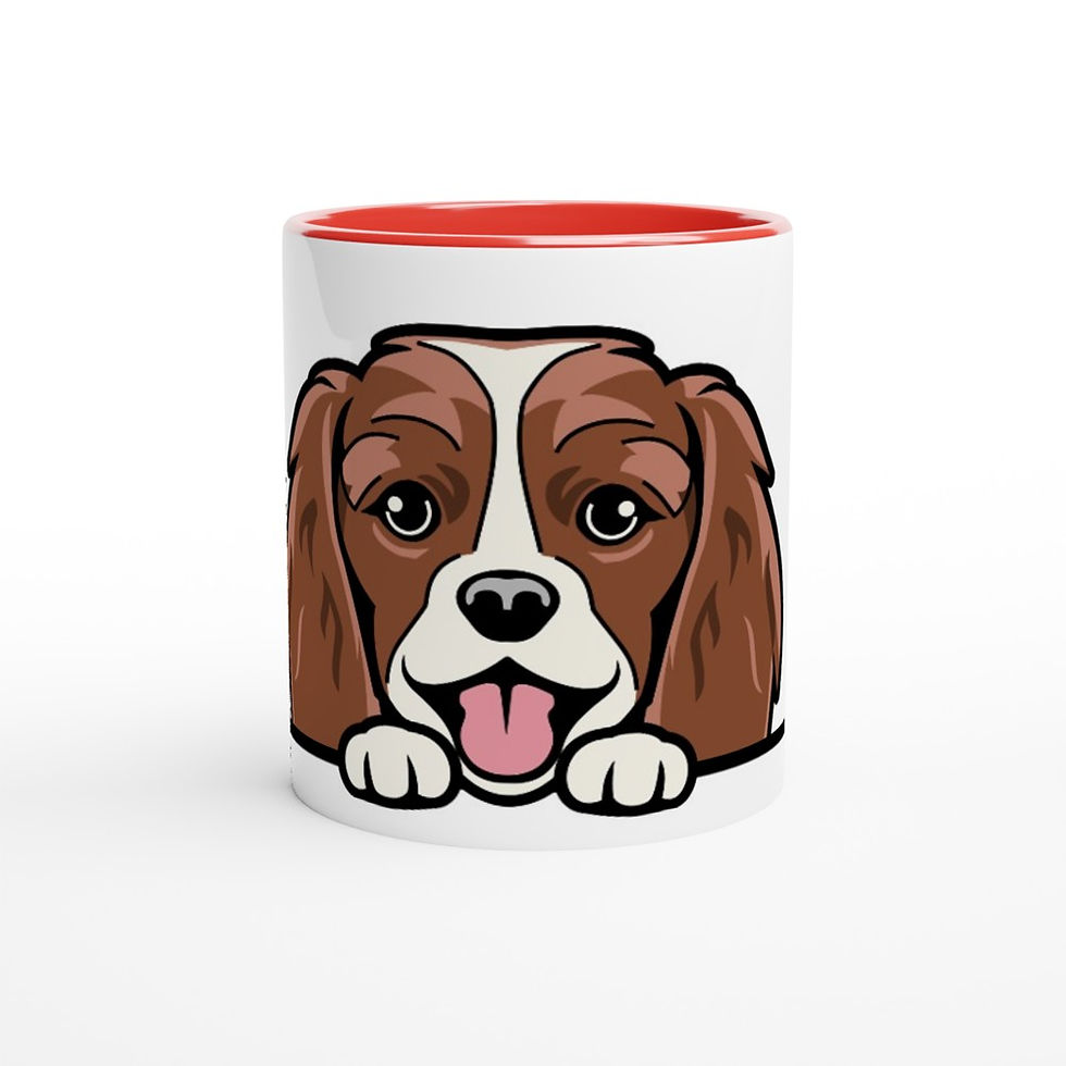 White Ceramic Cup with Red Interior & Handle. Features a portrait of a Cavalier King Charles Spaniel