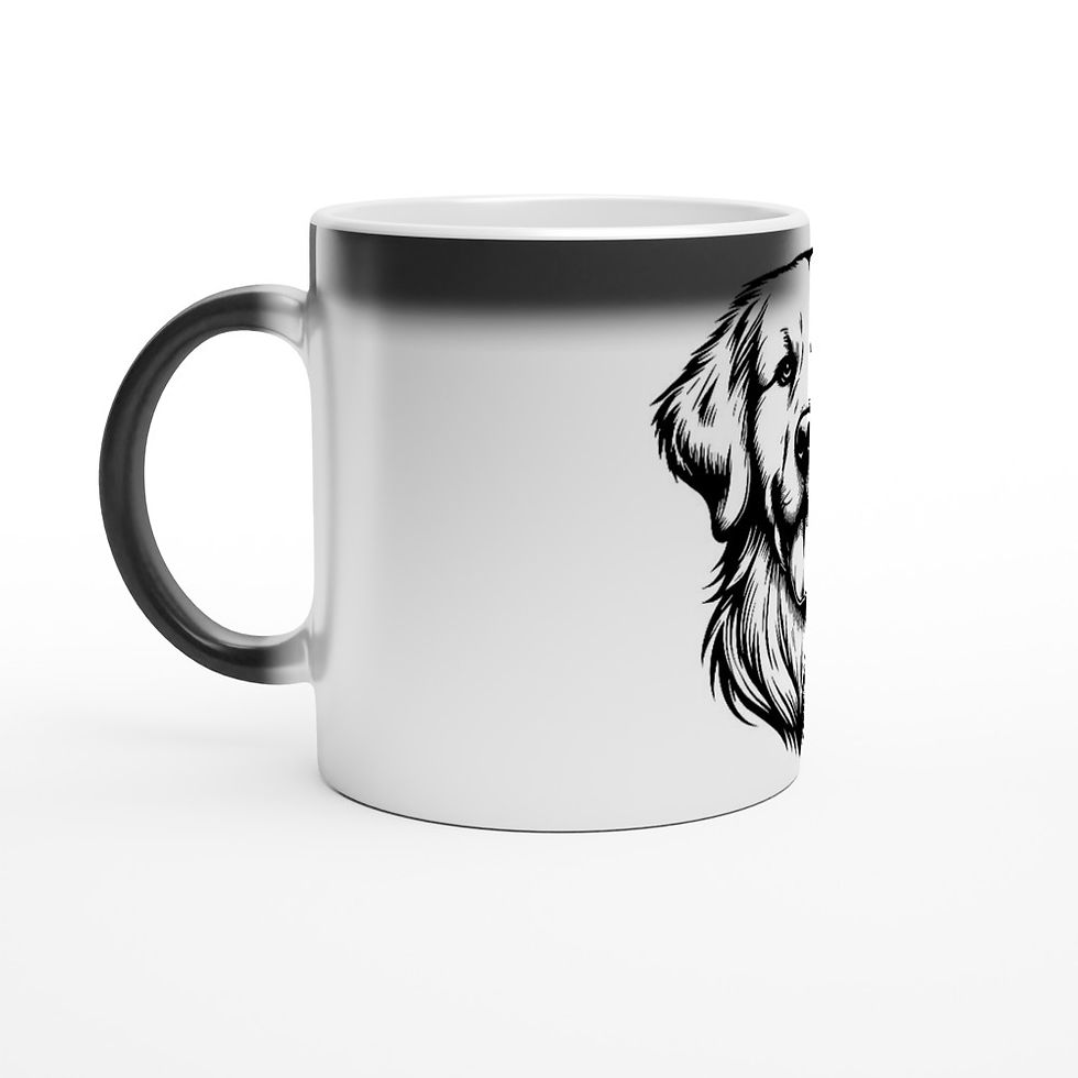 glossy black mug that magically reveals a portrait of a goldador dog when hot liquid is poured into it