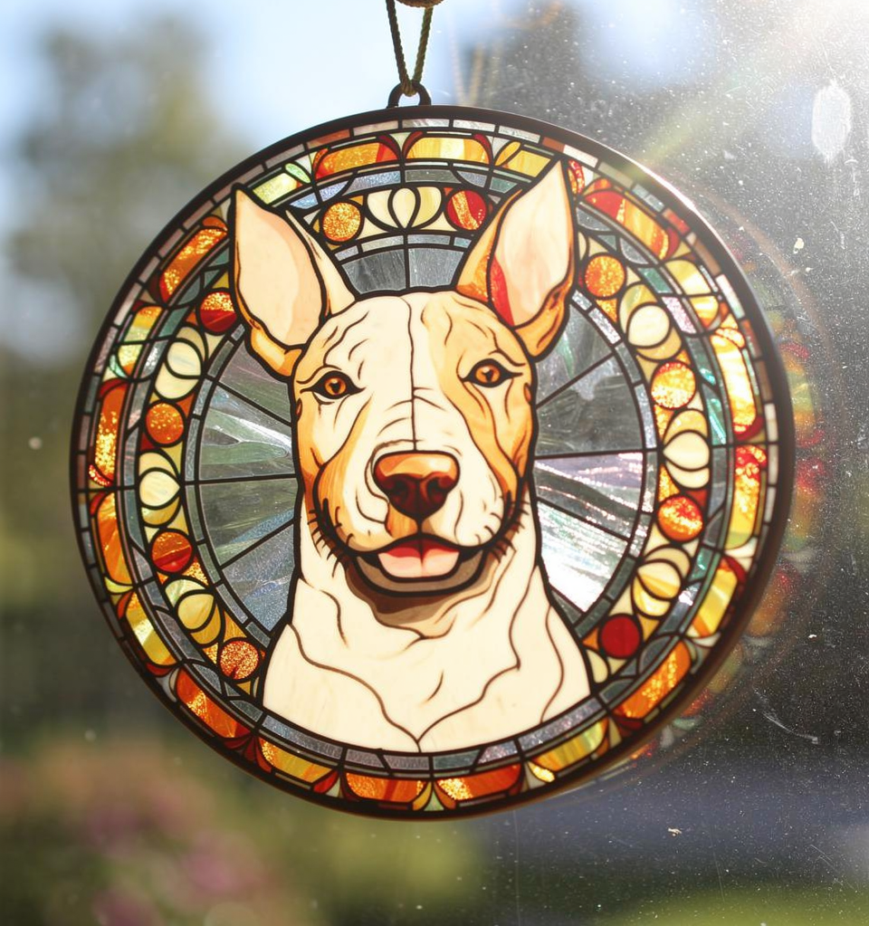 Round suncatcher ornament with a portrait of a Bull Terrier Dog for dog lovers