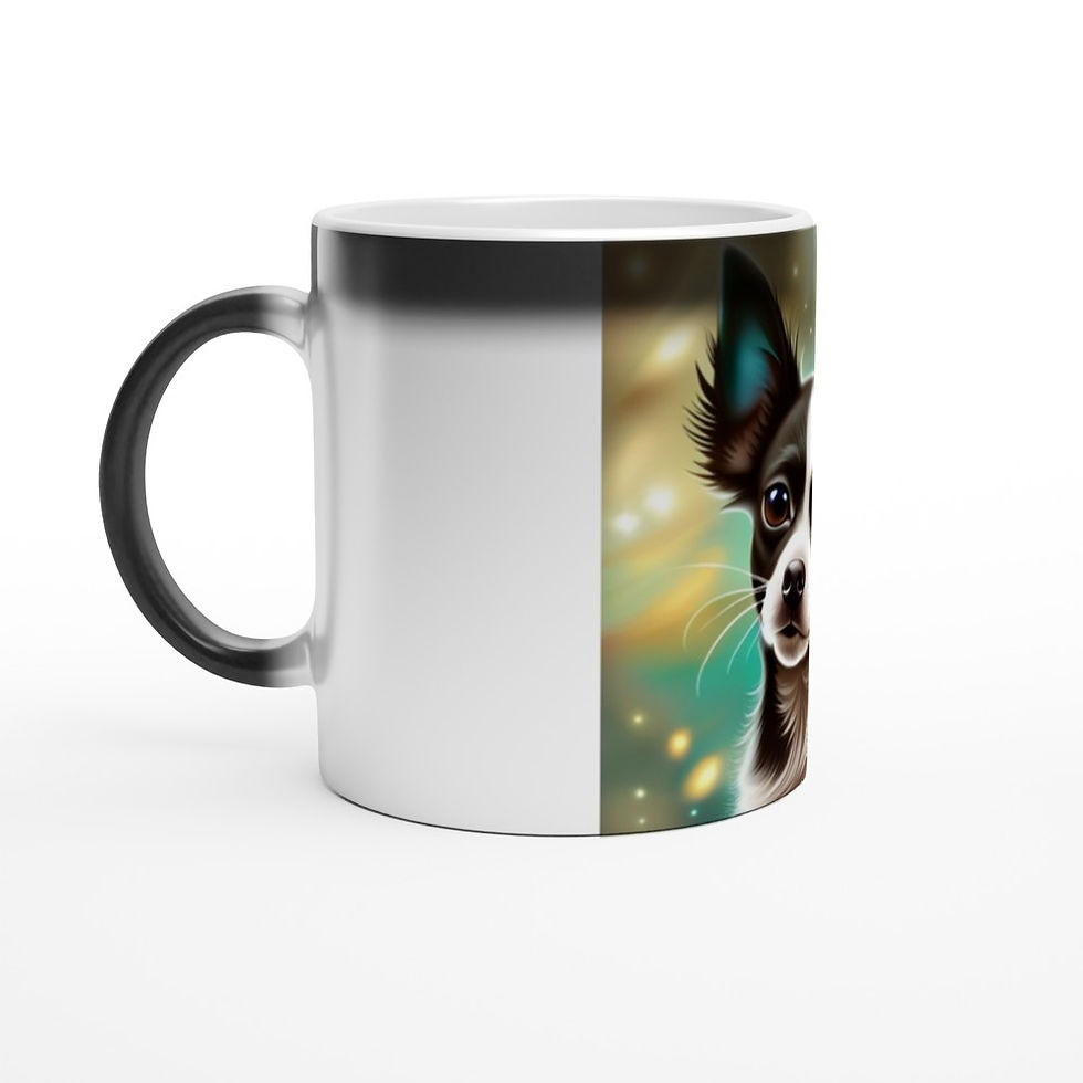 glossy black teacup that reveals a portrait of a black and white chihuahua when hot fluids are added to cup