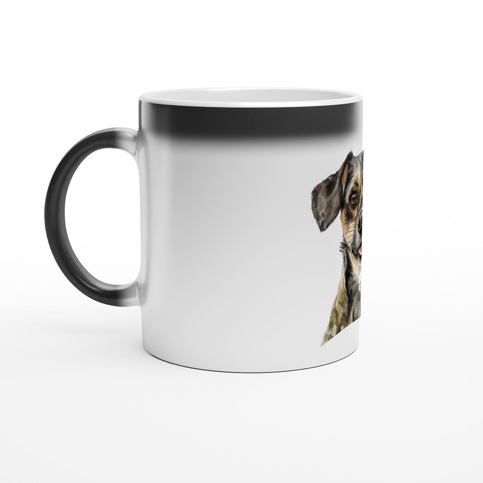 glossy black magic cup that features a Stephen's stock dog when hot liquids are poured into it