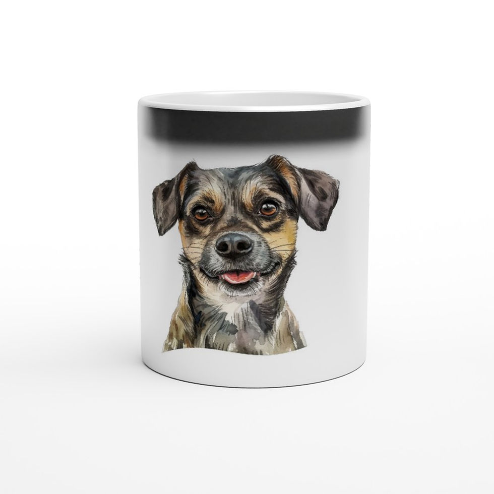 glossy black magic mug that features a stephen's stock dog when hot liquids are poured into it