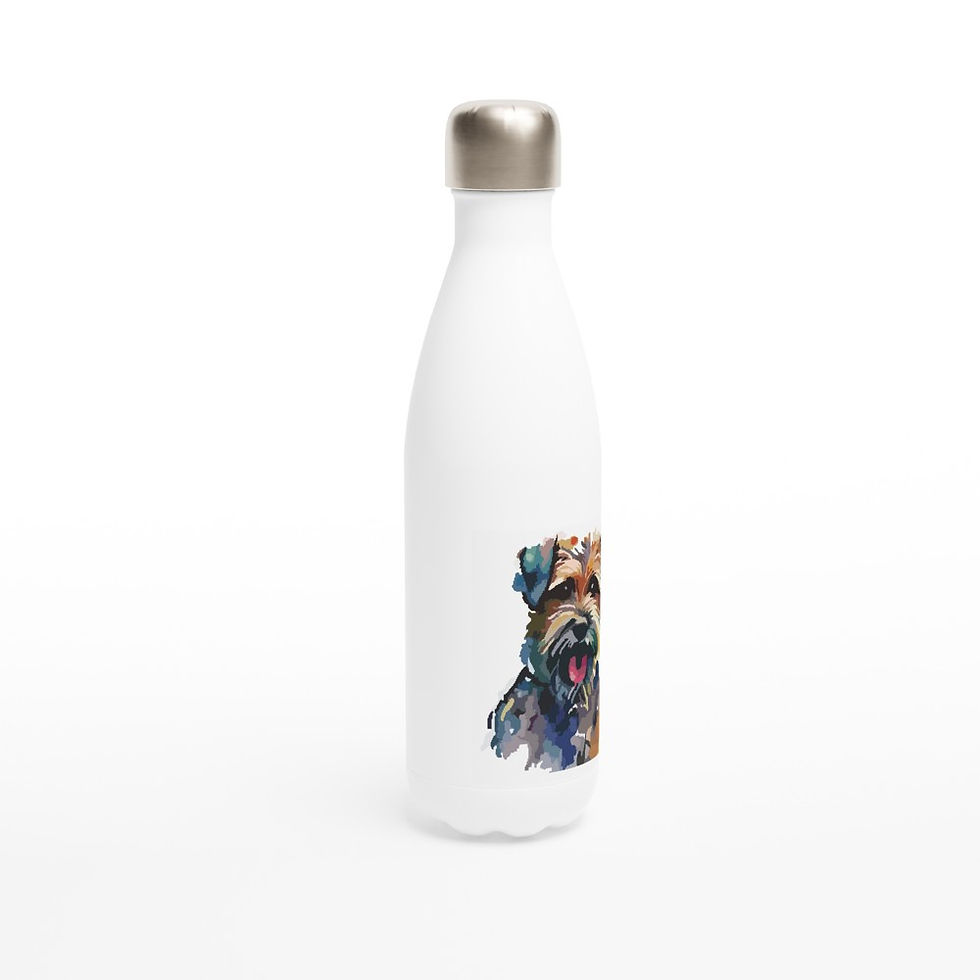 white stainless steel water bottle with portrait of a Border terrier dog