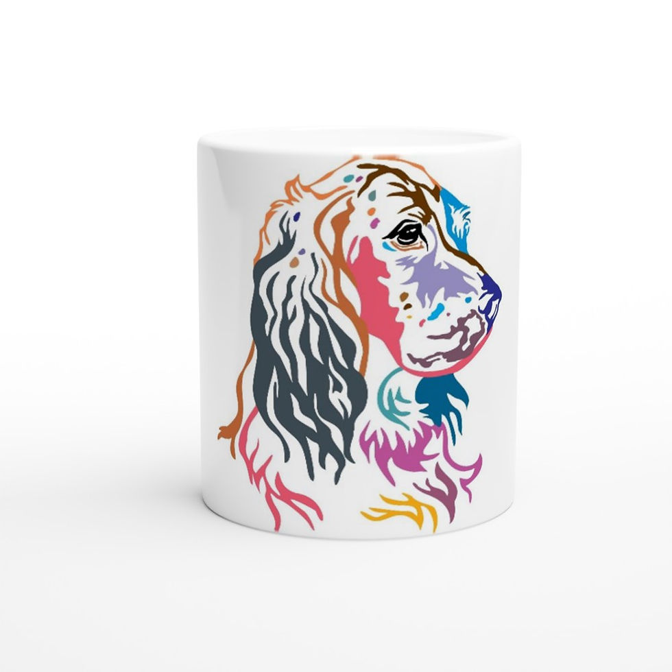 white ceramic coffee mug with rainbow portrait of an English Setter Dog