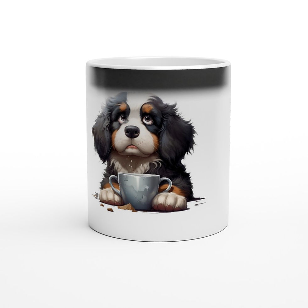 glossy black ceramic mug that reveals a picture of a Bernese Mountain Dog puppy when hot fluids are added to the cup
