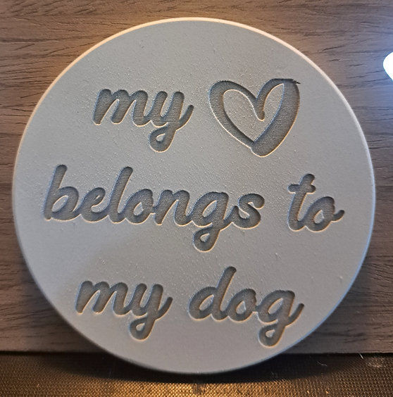 white ceramic drink coaster with quote "My heart belongs to my dog" for dog lovers