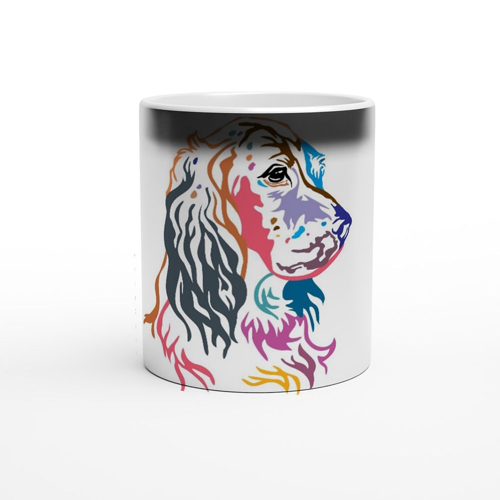 glossy black mug that reveals a rainbow portrait of an english setter dog when hot fluids are added