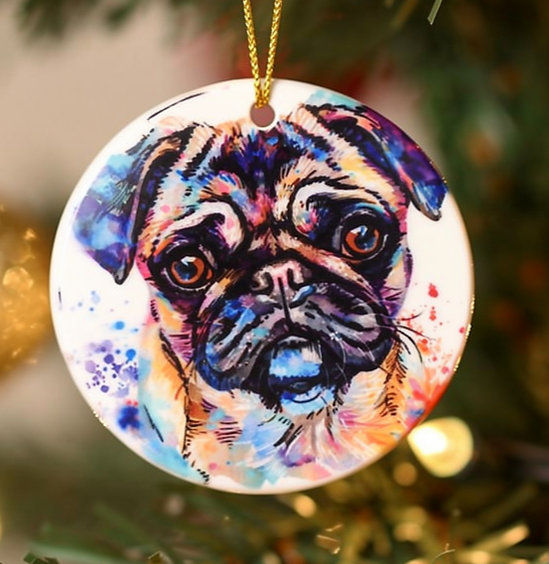 Frenchie Pug Portrait Watercolor Ceramic Ornament