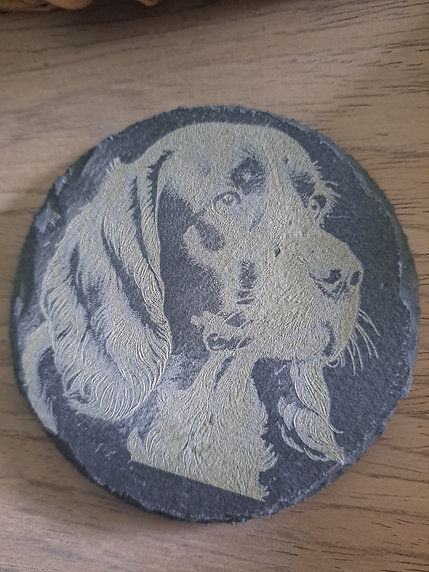 slate drink coaster with an etched portrait of a cocker spaniel dog