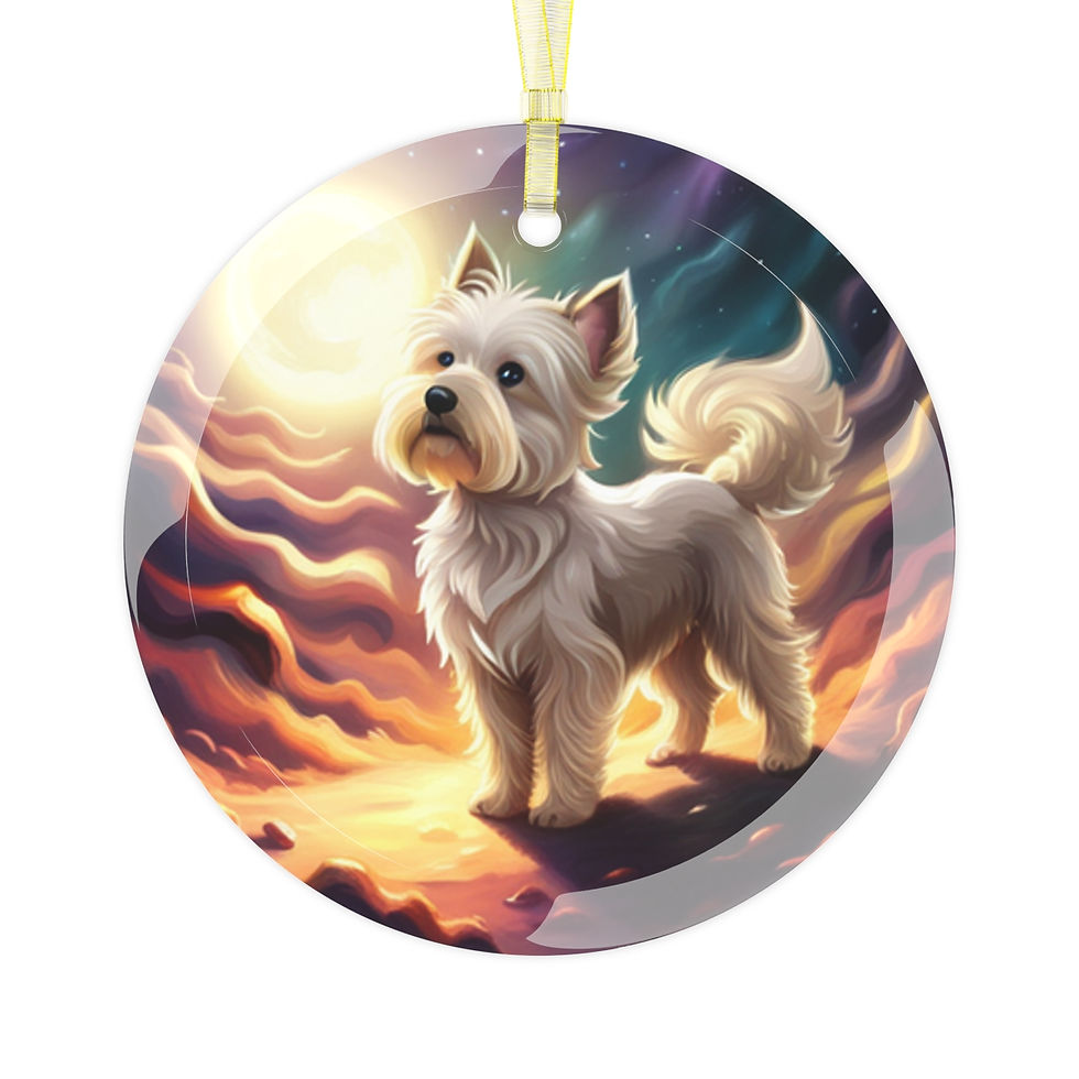 round glass ornament or suncatcher with fantasy style Cairn Terrier dog
