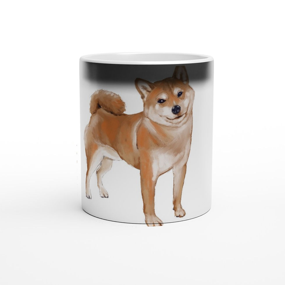 glossy black coffee mug which reveals a picture of a Shiba Inu dog when filled with hot fluids
