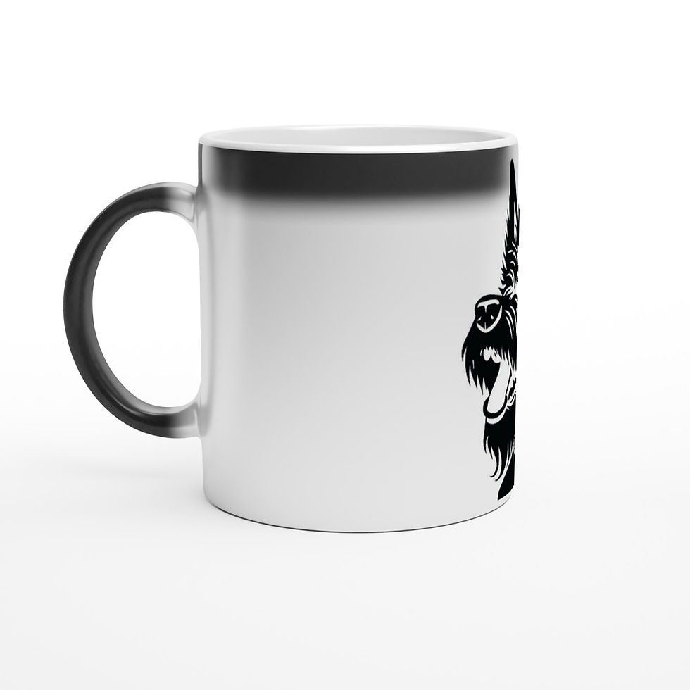 Glossy black magic mug that reveals a portrait of a Scottish Terrier when hot water is added