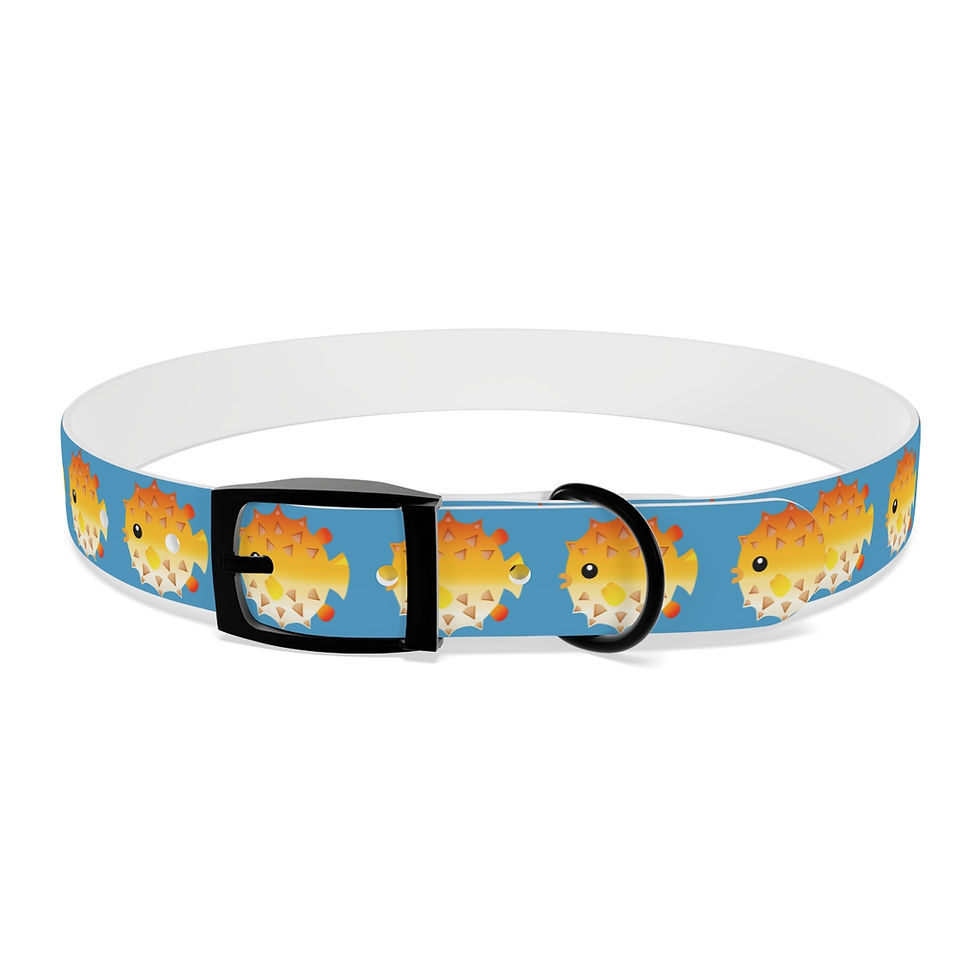 american made dog collar with yellow and gold pufferfish on a blue back ground