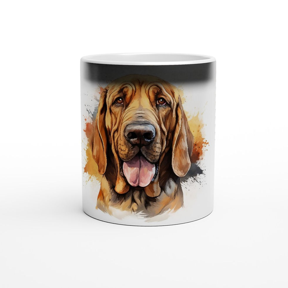 glossy black magic mug that reveals a portrait of a bloodhound when hot fluids are added