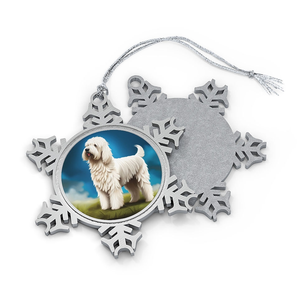 pewter snowflake ornament with image of Komondor Dog in center