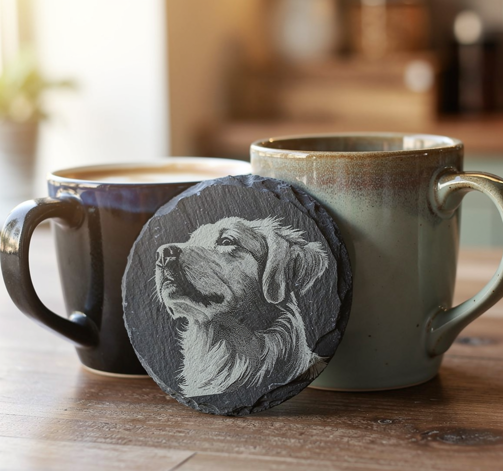 slate drink coaster with etched portrait of an anatolian shepherd dog