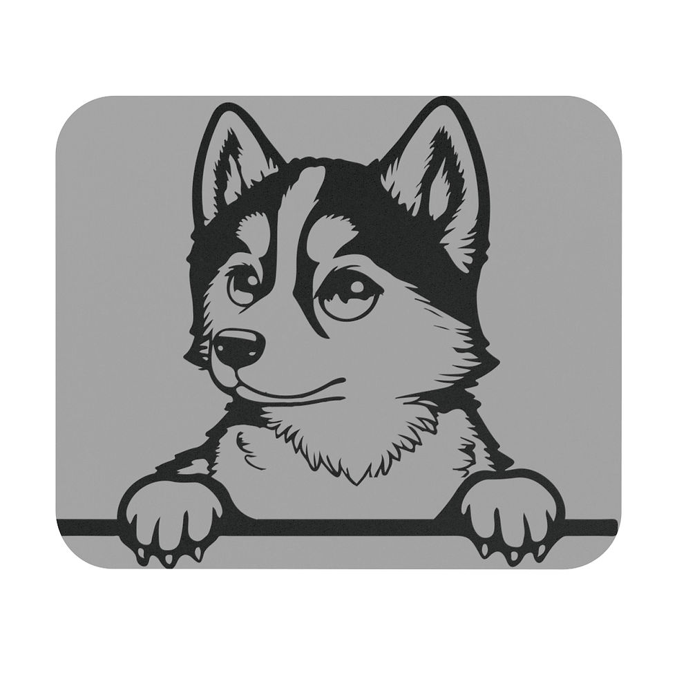 grey mouse pad with a black outline portrait of a husky dog