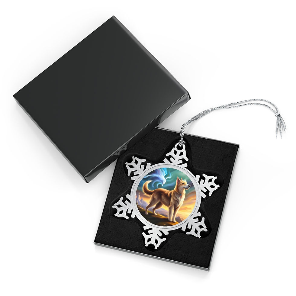 pewter snowflake ornament with Berger De Picard Dog in a fantasy setting