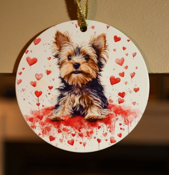 Yorkshire Terrier With Hearts Round Metal Ornament