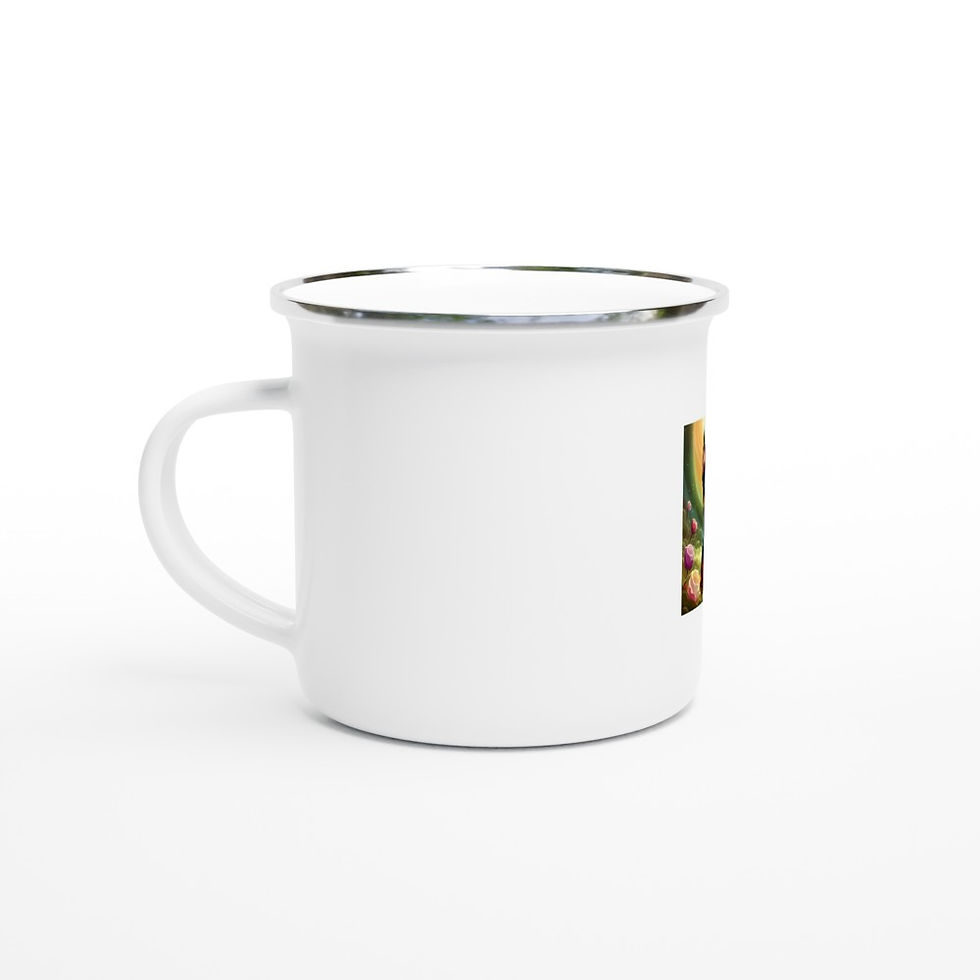 white enamel camping coffee cup with picture of Doberman Pinscher in Fantasy Style