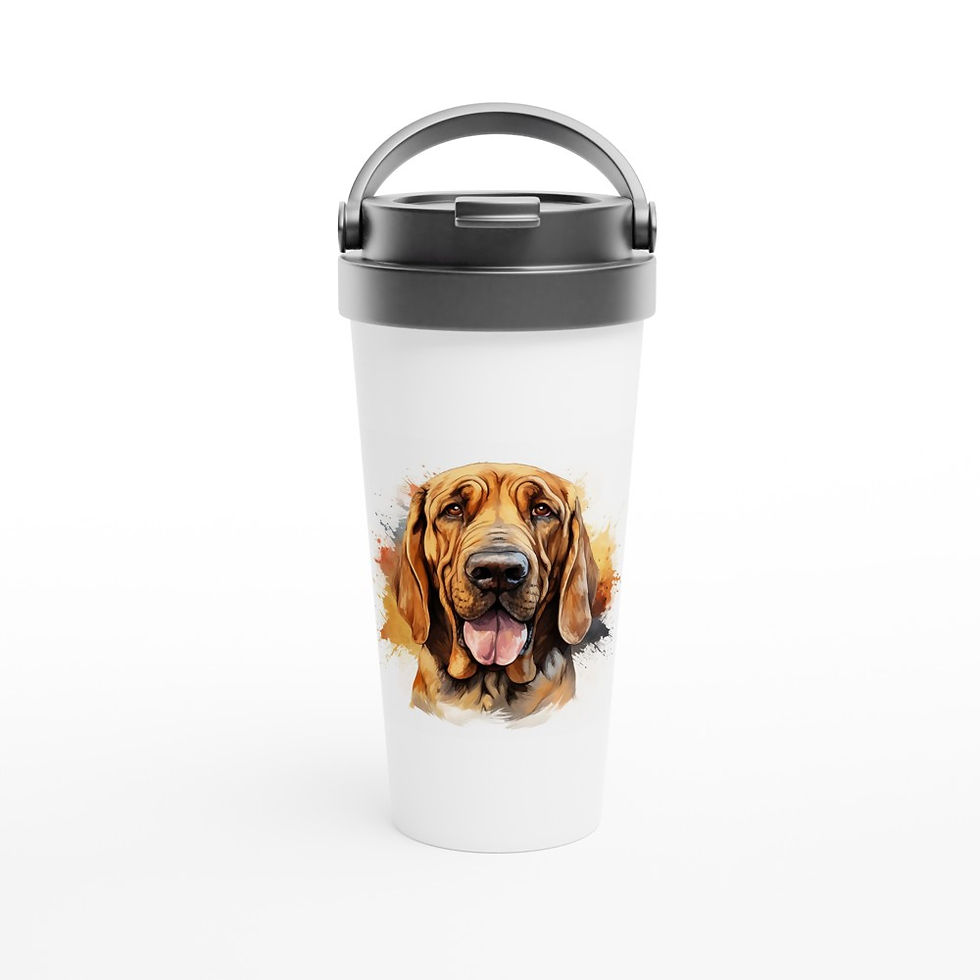 white stainless steel insulated travel mug with portrait of a bloodhound dog breed