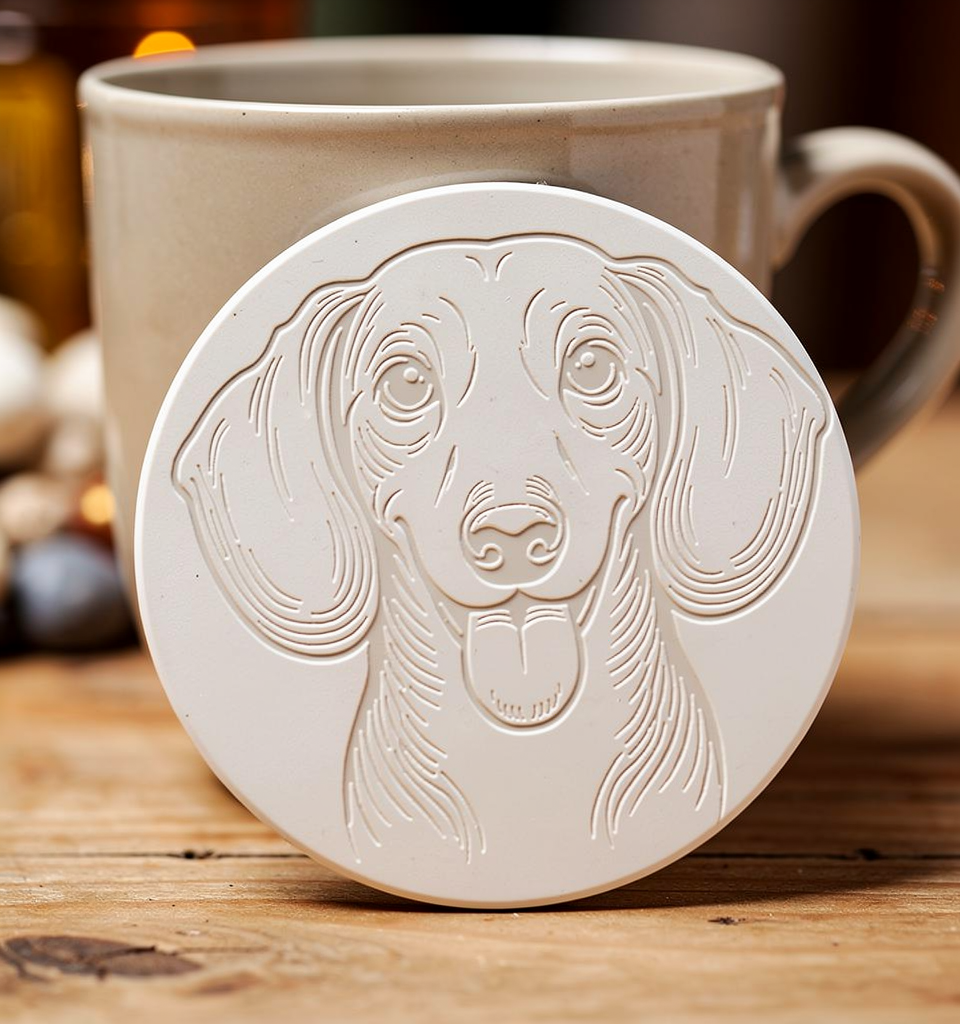 white ceramic drink coaster with a smooth coated dachshund dog portrait etched on to it