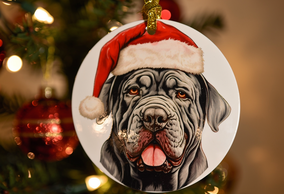 Neapolitan Mastiff Dog Christmas Portrait with santa hat Ceramic Ornament (3")