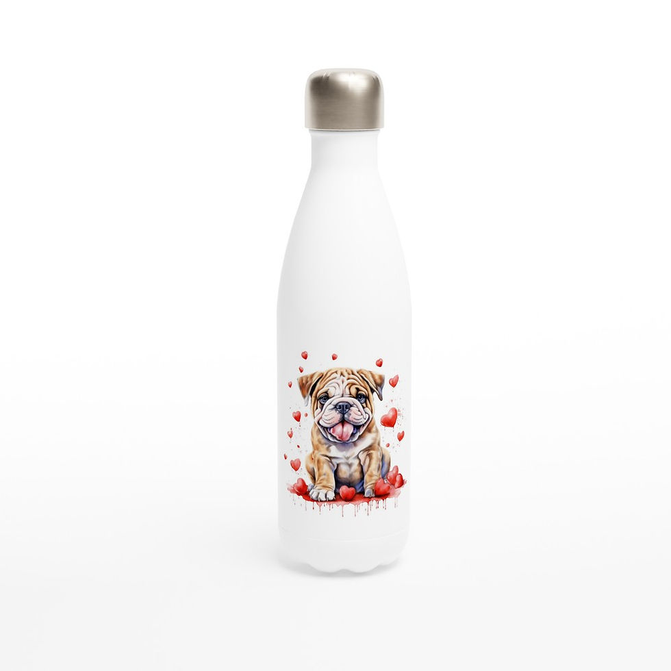 high quality white stainless steel insulated water bottle with picture of a Bulldog surrounded by hearts. Feel the love!
