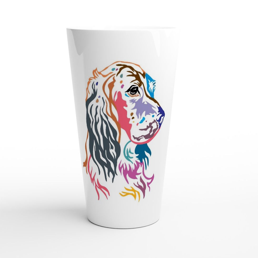 white tapered ceramic latte mug with portrait of an English Setter Dog