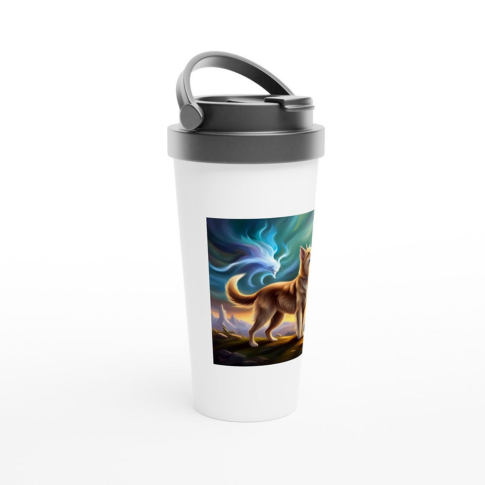 white stainless steel travel mug with picture of Berger De Picard in a fantasy setting Ameri-pooch dog boutique