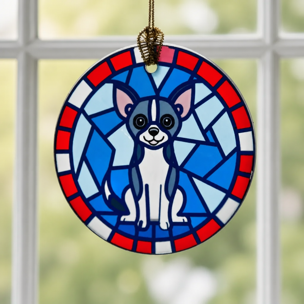 Chihuahua (Black and White) with Red, White, and Blue Suncatcher