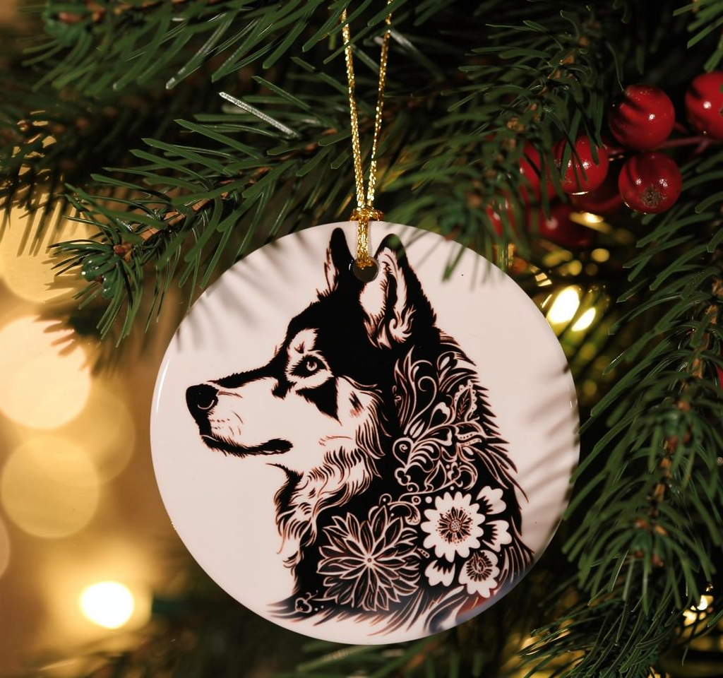 Alaskan Malamute Floral Portrait Ceramic Ornament (3")