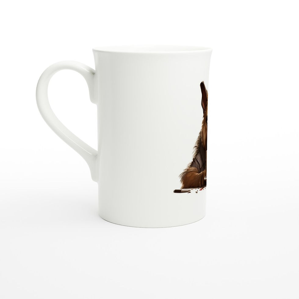 white ceramic slim style mug with a grumpy german shepherd with coffee cup