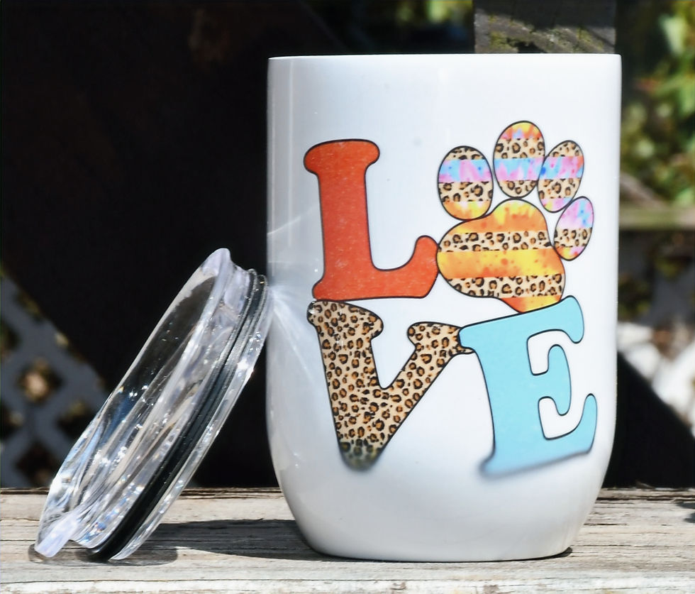 stainless steel white wine tumbler with "Love" and a paw. Includes a cover