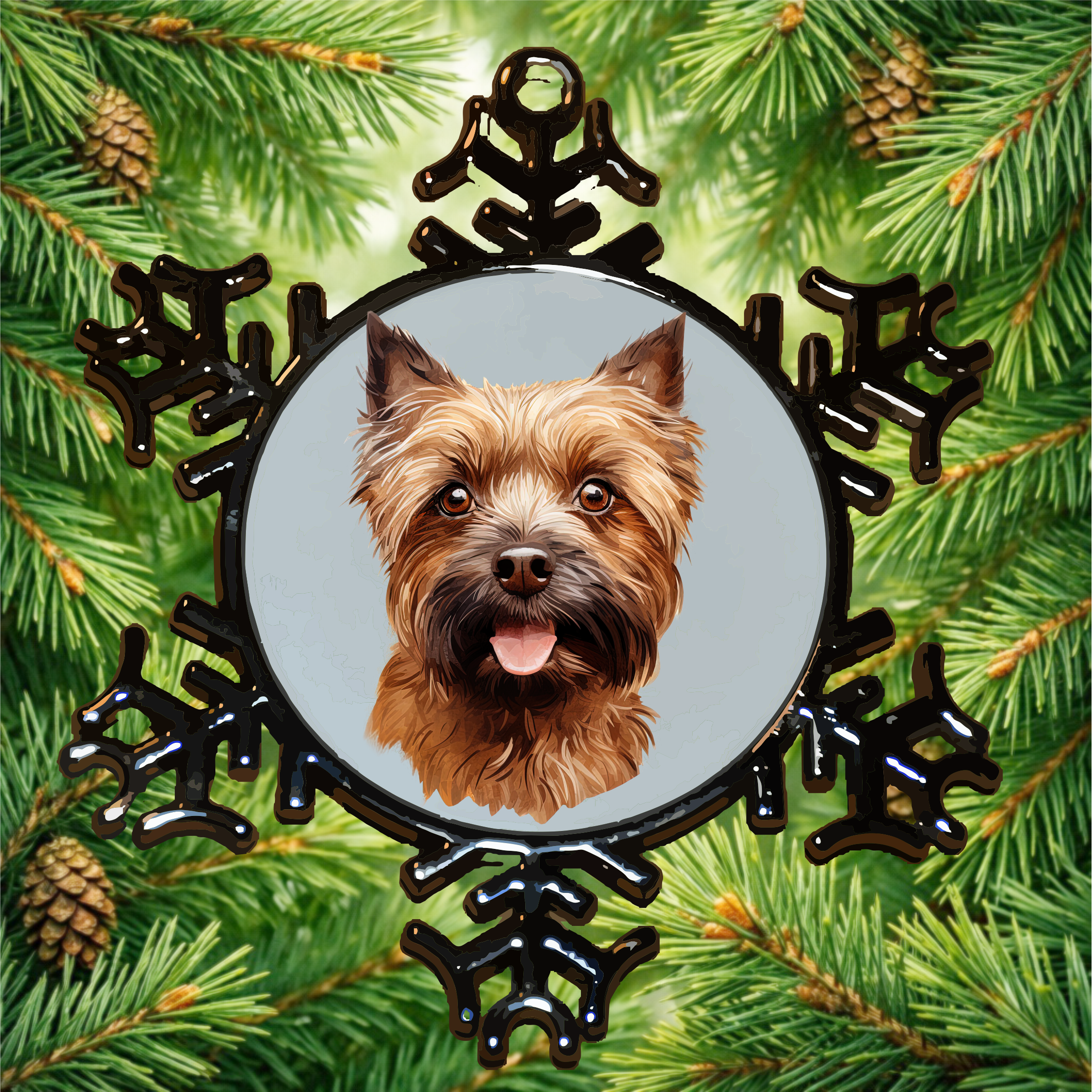 Snowflake Pewter Ornament with Beige Affenpinscher with ears up