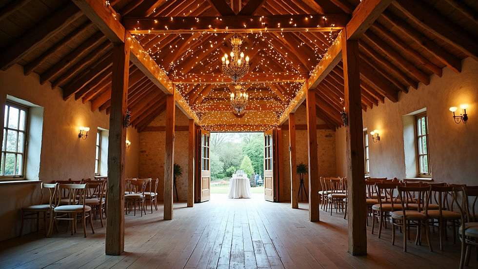 Wide angle view of a rustic barn wedding venue with wooden beams and fairy lights