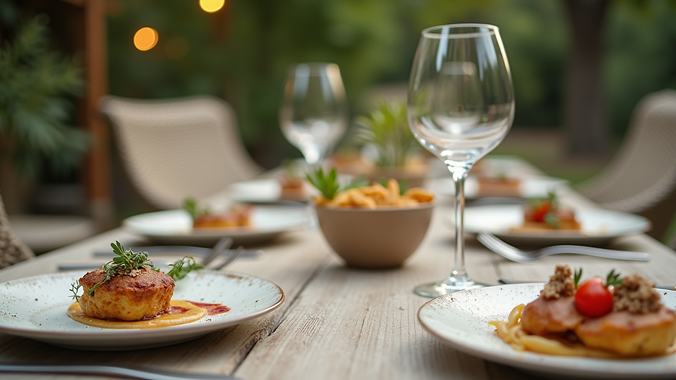 Eye-level view of an elegantly set outdoor dining table with gourmet dishes